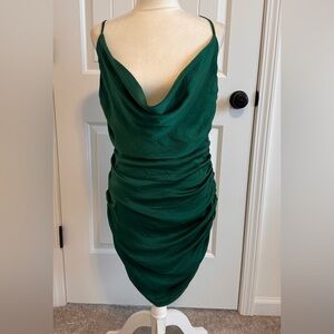 Nasty Gal Size 8 Green Satin Spaghetti Strap Fitted Dress. Draped Low Neck NEW!